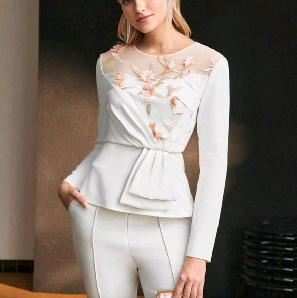 EMBROIDERY FLORAL MESH INSERT PEPLUM TOP - Picture 1 of 4